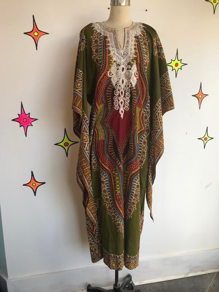 Vintage 1970s | Kaftan Muumuu Boho Hippie Gown Dashiki Bell Sleeve Dress | XL