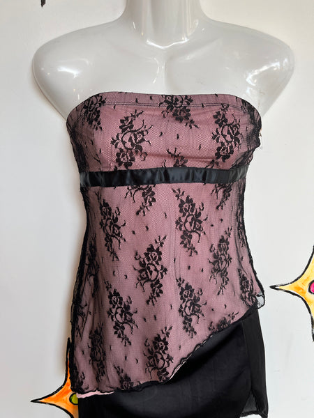 Vintage 90s Y2K | Rave Pink and Black Lace Romantic Goth Bustier Tube Top | Small