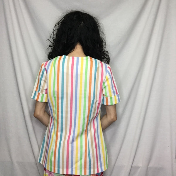 Vintage 60s 70s | Rainbow Striped Polyester Novelty Shirt Top Mod Boho Blouse M