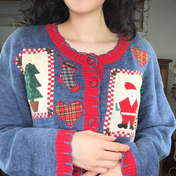 Vintage | Patchwork Tacky Ugly Christmas Sweater Cardigan | Woman’s Size L