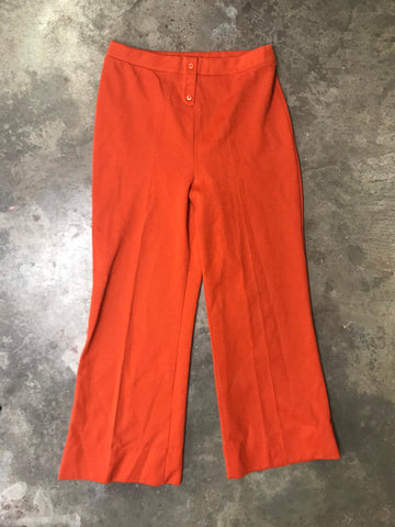 Vintage 1970s/ 70s/ Orange/ High Waisted/ Boho Hippie Disco/ Polyester/ Wide Leg Bell Bottoms