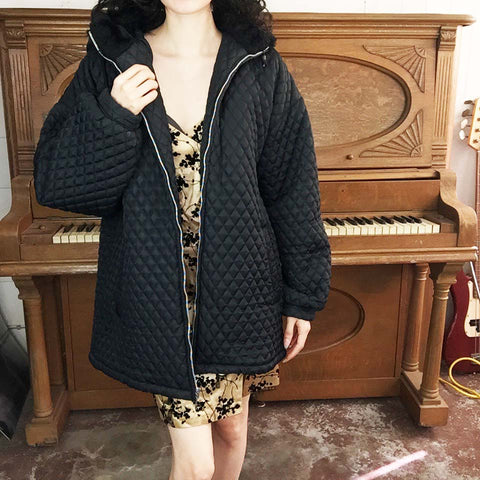 Vintage 90s | Express Quilted Fur Trim Hooded Oversized Puffy Coat | M