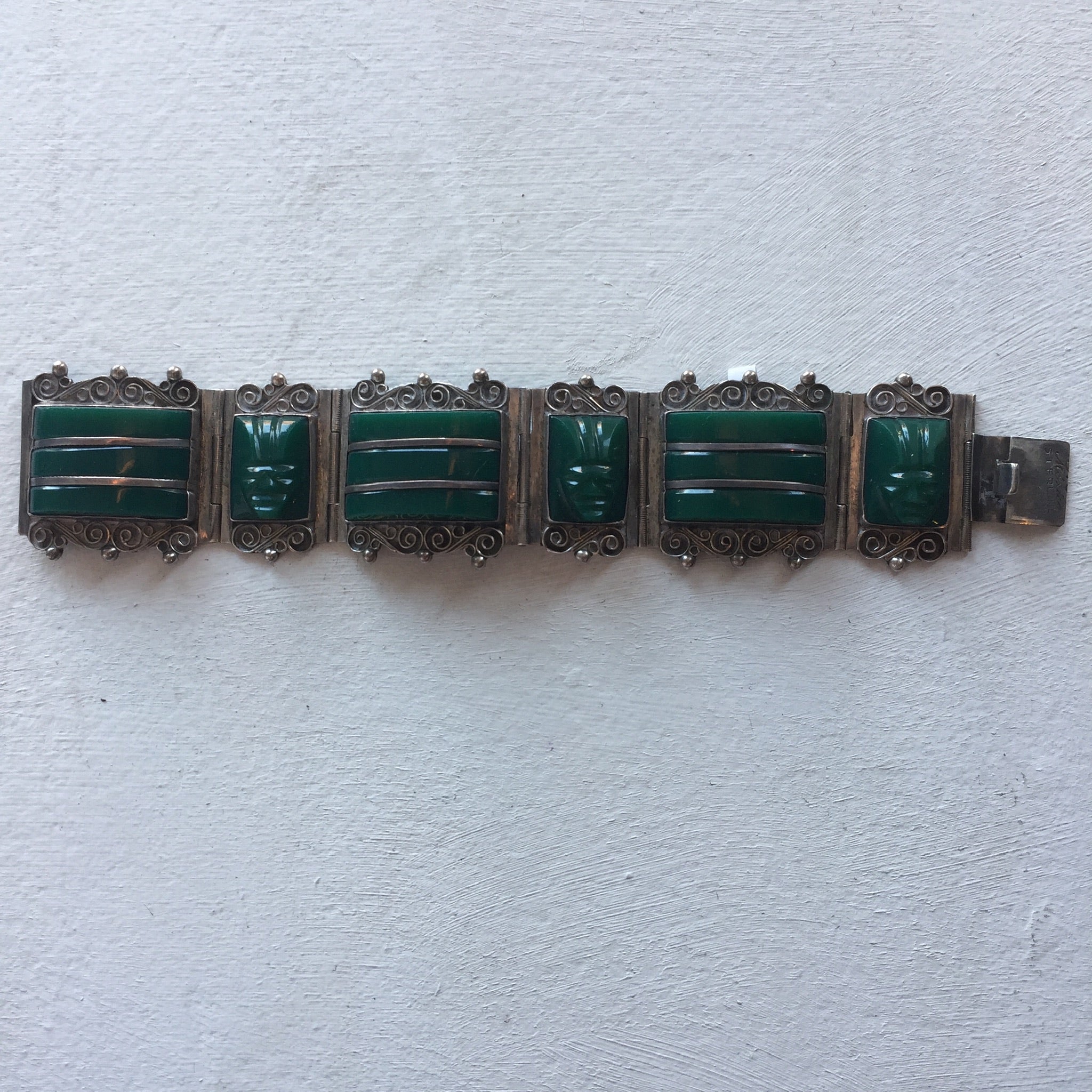 Vintage 1940s | Mexican Aztec Silver and Carved Jade or Onyx Mask Bracelet