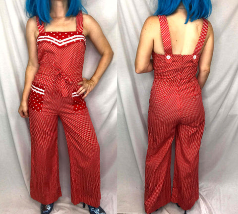 Vintage 70s | Red Polka Dot Sailor Arpeja Young Edwardian Bellbottom Jumpsuit S