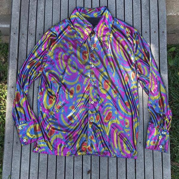 Retro | Swirl Print Groovy Metallic Party Shirt | XXL