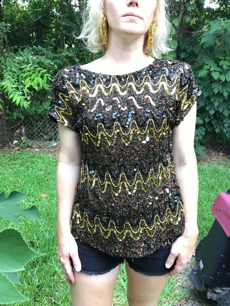Vintage 1980s | Gold Bronze Disco Glam Bowie Sequin Beaded Top Party Blouse | M