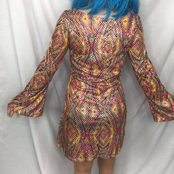 Vintage 60s 70s | MOD GoGo Psychedelic Groovy Bell Sleeve Disco Mini dress | M/L