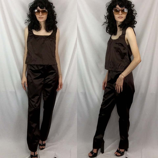 Vintage Y2K | MIU MIU Brown Silk Satin 2 Piece Crop Top and Pants Set | Size 44