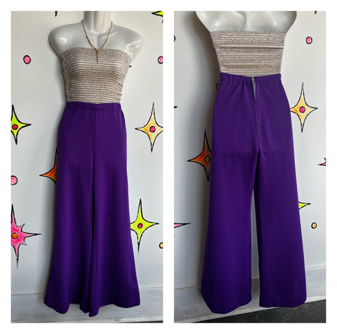 Vintage 1970s | Purple Groovy Disco Wide Leg Bellbottoms | S M L