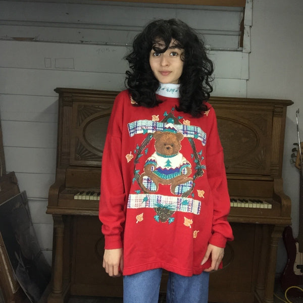 Vintage 80s | Teddy Bear Ugly Tacky Christmas Sweater Sweatshirt | Size L