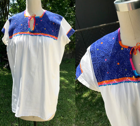 VTG 70s | Mexican Hippie Cotton Boho Embroidered Puebla Blouse | Free Size