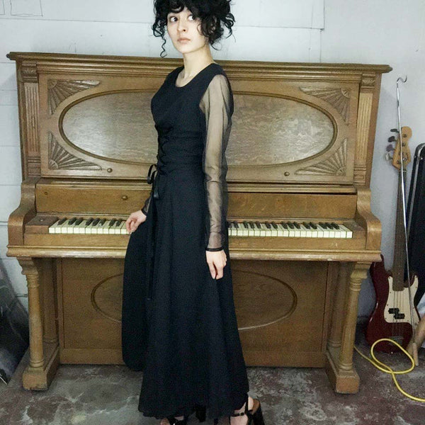Vintage 90s | Lace Up Boho Witchy Corset Black Sheer sleeve Lolita Goth Dress M