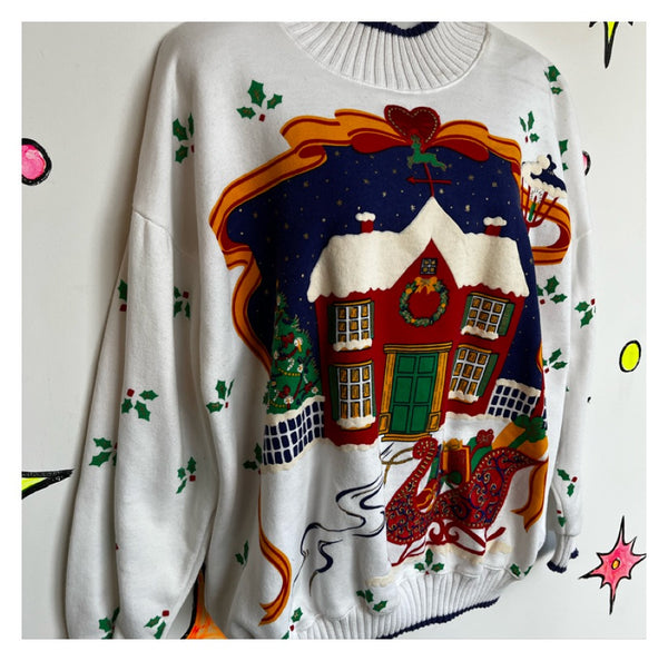 Vintage 80s 90s | Puffy Paint Turtleneck Tacky Ugly Christmas Sweater | L