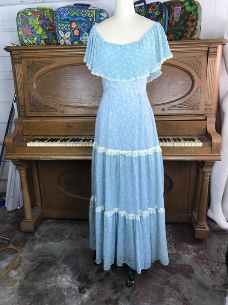 Vintage Blue Ruffle Gunne Sax Style Festival Prairie Dress Cotton Lace Sweet Boho Hippy Small