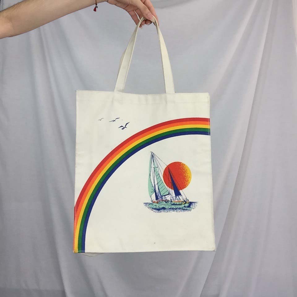 Vintage 70s | Rainbow Sailboat Boho Hippie Canvas Novelty Beach Tote Bag Handbag