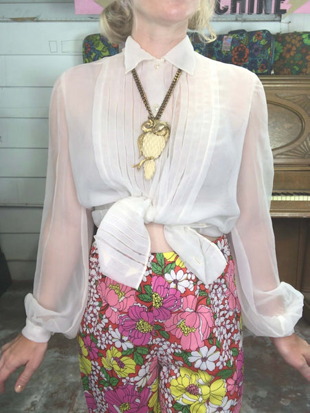 Vintage 90s does 70s | Oscar De La Renta Sheer Poet Sleeve Edwardian Blouse | 6