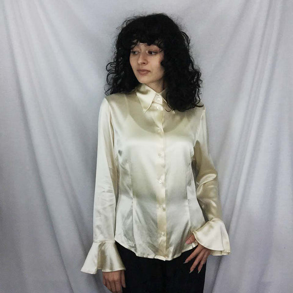 Vintage 90s | Lord and Taylor Silk Ivory Statement Bell Sleeve Blouse | S