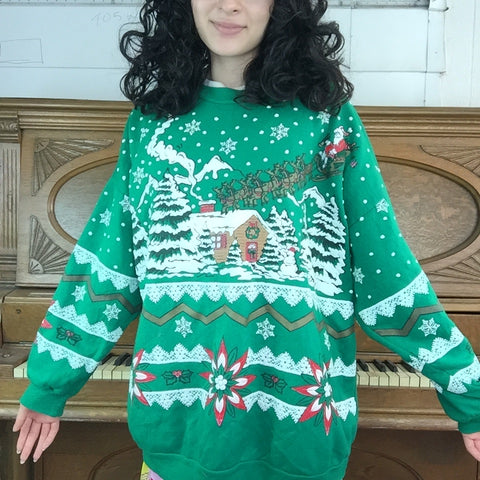 Vintage 80s | Santa Sleigh Puffy Paint Ugly Christmas Sweatshirt Sweater | XXL