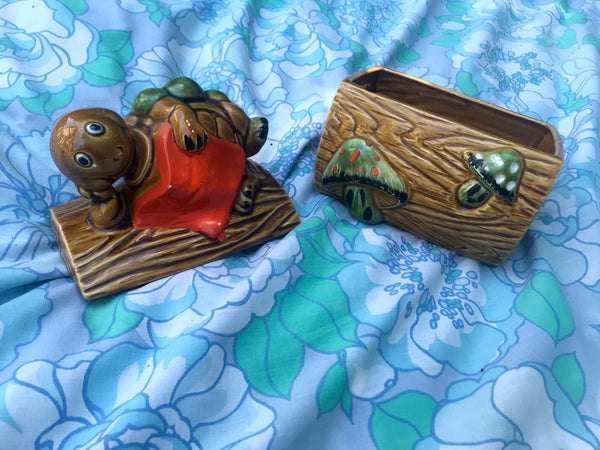 Vintage 70s | Mushroom Shroom Turtle Trinket Dish Catchall Cookie Jar with Lid