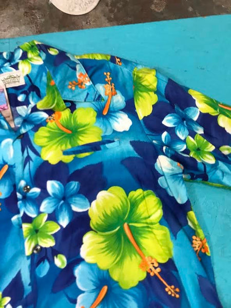 VTG Men's Blue Hawaiian Tropical Floral Print Button Down Vacation Shirt XL