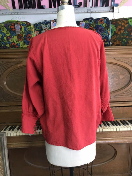 VTG 70s | Mexican Hippie Boho Cotton Boho Red Embroidered Blouse | Free size