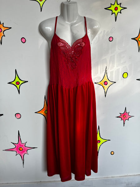 Vintage 80s | Red Lace Beaded Slip Nighty Mini Dress | Size Large