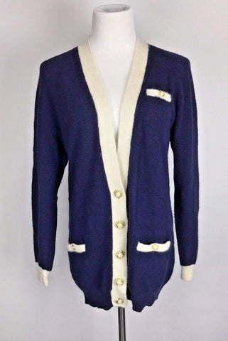 Vintage 80s Fuzzy Angora Lambswool Navy Gold Nautical Sweater Jacket Cardigan L