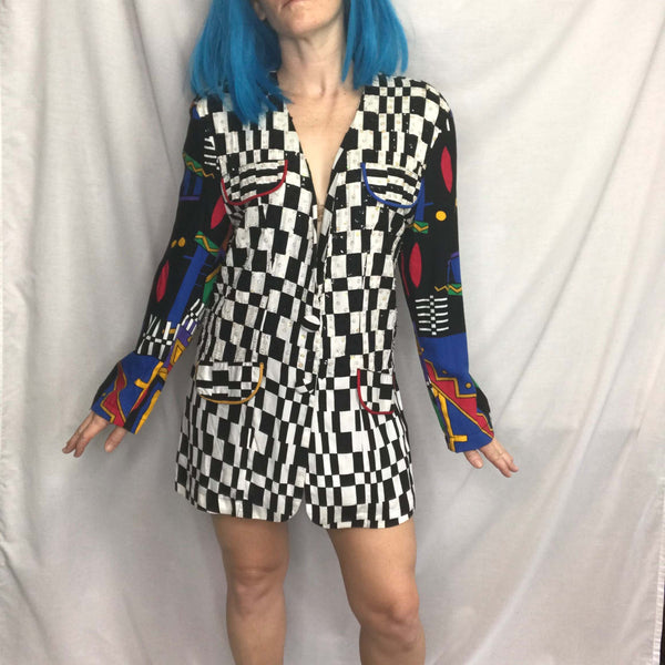 VTG 80s 90s Wild Abstract Checker Art Deco Rainbow Sequin Embellished Blazer S