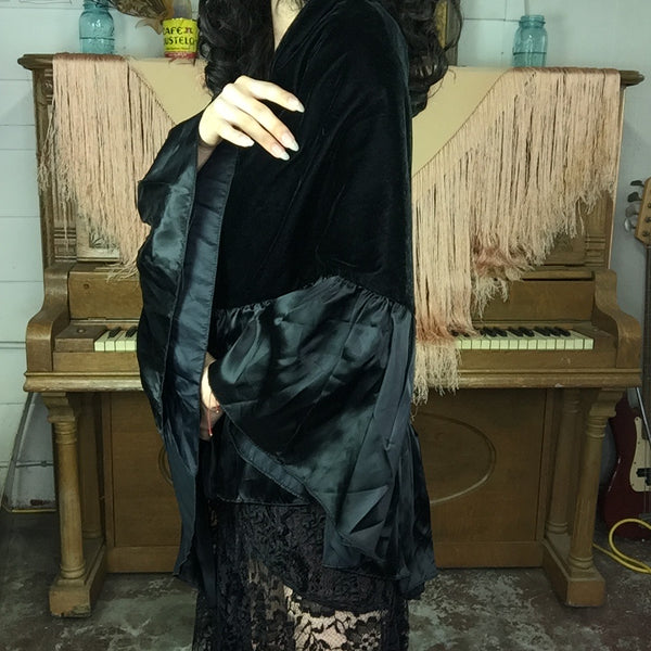 Vintage Black Velvet & Satin Ruffle Gothic Witchy Bohemian Shawl