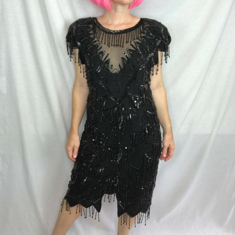 Vintage Laurence Kazar Black Silk Beaded Sequin Fringe Mesh Flapper Dress Size L