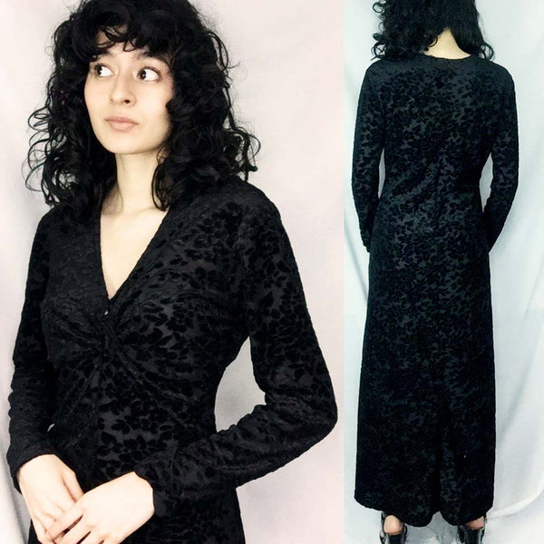 Vintage 90s | Black Velvet Goth Maxi Gown Dress | S/M