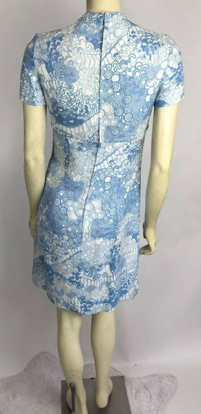 VTG Vintage 60s 70s ADELE SIMPSON Blue Boho Asian Mandarin Abstract Mini Dress