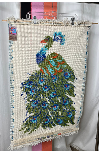 Vintage 70s Latch Hook Wall Hanging Peacock Mid Century Home Decor