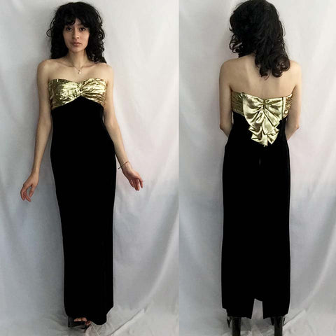 Vintage 80s 90s | Black Velvet & Gold Lame Big Bow Maxi Party Dress | XS