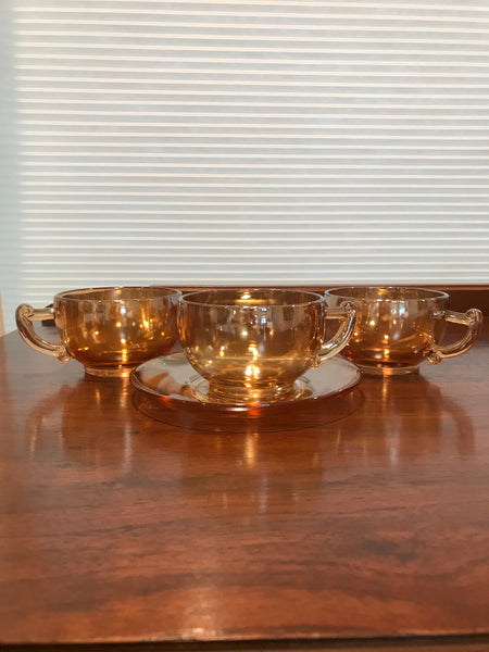 Vintage | Jeanette Glass Co Tea Cups (3) and Saucer (1) | Marigold Iridescent