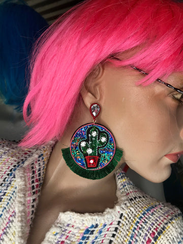 New | Bohemian Kawaii Cactus Statement Earrings | Tassel Fringe Beaded Glitter