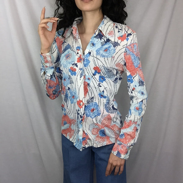 Vintage 60s 70s | Novelty Psychedelic Mod Boho Disco Blouse Shirt Top | S