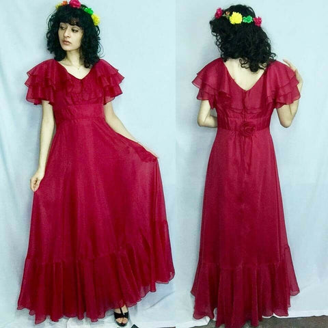 Vintage 70s | Raspberry Boho Prairie Romantic Ruffle Chiffon Maxi Dress | M