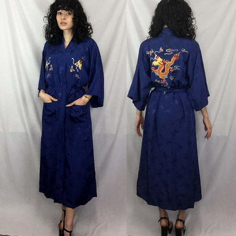 Vintage | Blue Kimono Dragon Robe Embroidered Boho Festival Chinese Geisha