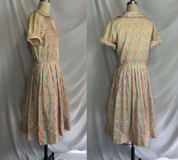 Vintage 50s 1950s | Pastel Rainbow Fit and Flare Pin Up Cotton Day Dress | S-M