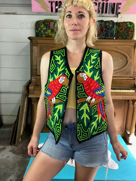 VTG 70s 80s | Embroidered Applique Groovy Parrot Bohemian Ethnic Hippie Vest | M