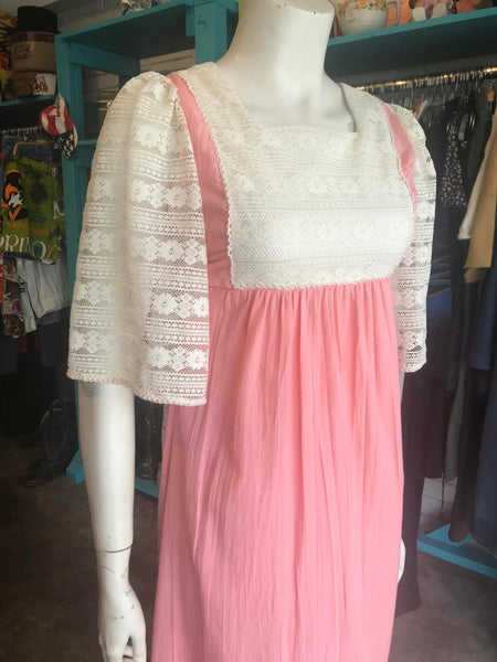 Vintage Pink Gunne Sax Style Festival Prairie Dress Cotton Lace Sweet Boho Hippy XS