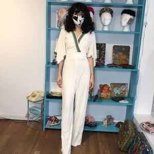 Vintage 1970s White Groovy Mod Disco Statement Sleeves Bellbottoms Jumpsuit | M