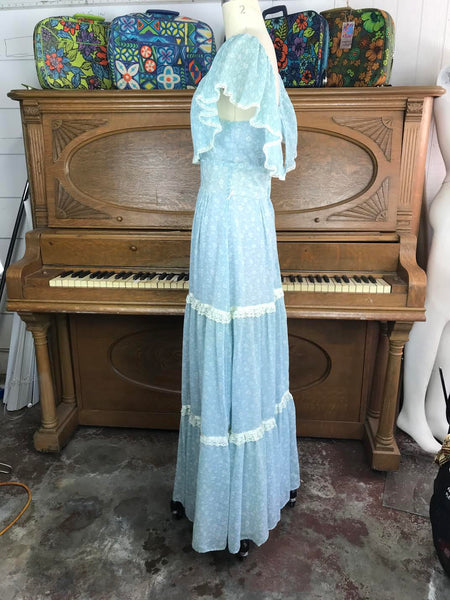 Vintage Blue Ruffle Gunne Sax Style Festival Prairie Dress Cotton Lace Sweet Boho Hippy Small