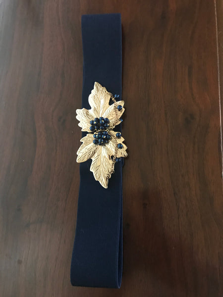 Vintage 70s Elastic Belt with Gold Leave Clasp