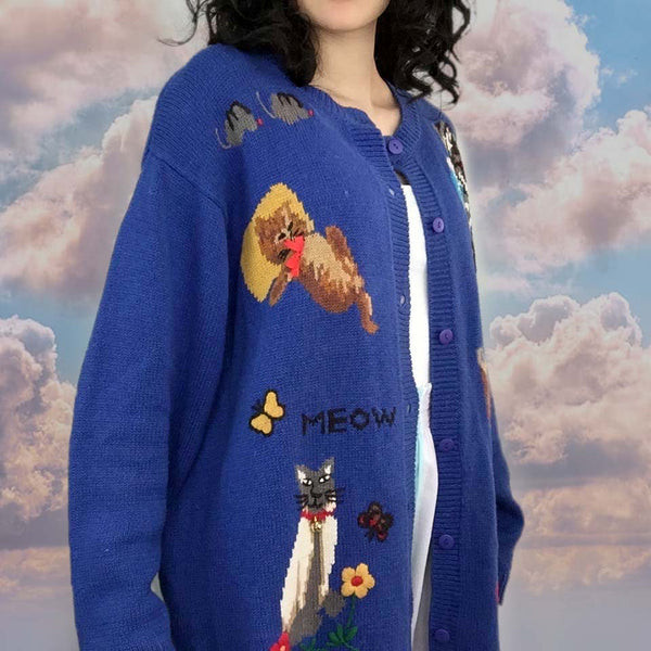 Vintage 80s 90s | All over KITTY CAT print Cat lover Novelty Sweater Cardigan M