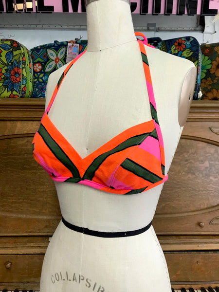 Vintage 1960s | Psycheldelic Day Glo Mod Striped Bralette Bikini Crop Top | B