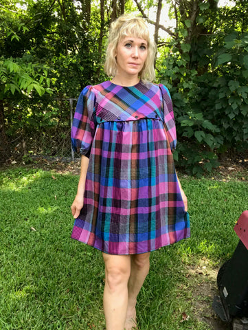 Vintage 80s | Plaid Dress PUFF Sleeve Kawaii Babydoll Mini dress | Free Size