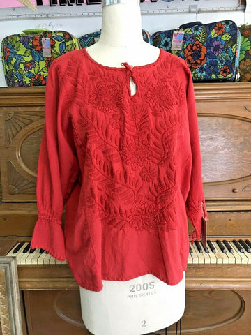 VTG 70s | Mexican Hippie Boho Cotton Boho Red Embroidered Blouse | Free size