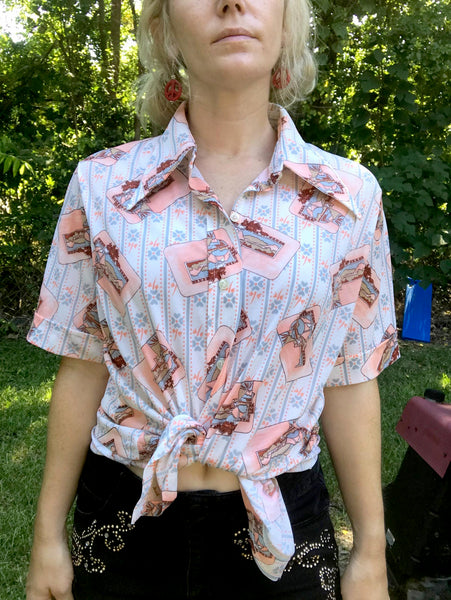 Vintage 60s 70s | Novelty Dagger Collar Shirt Top Mod Boho Disco Blouse | L